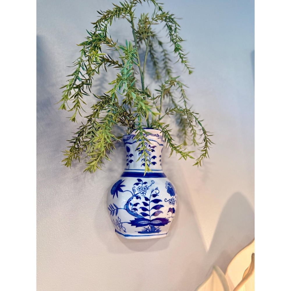 Vintage Blue & White Wall Pocket Vase • Chinoiserie Floral Hanging Planter